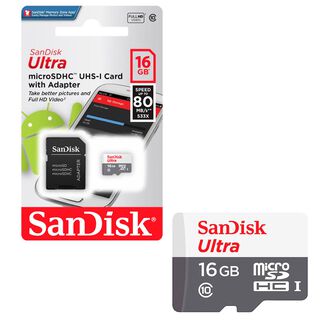 Tarjeta de Memoria MicroSD SanDisk 16GB + Adaptador 80MB/s,hi-res