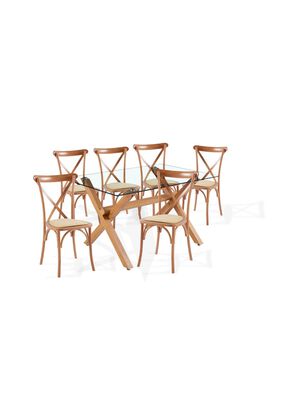 Comedor mesa de vidrio cross 140x90 + 6 sillas Crossback Madera ,hi-res