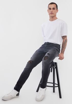 Jeans Hombre Super Skinny Fit Negro Roturas Corona,hi-res