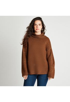Sweater Cuello Alto Con Lurex y Líneas En Relieve Camel,hi-res