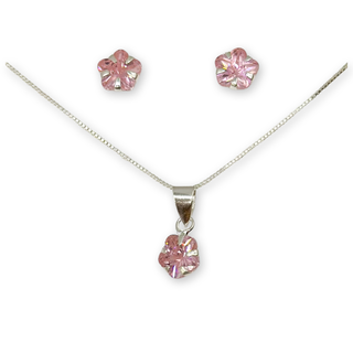 Conjunto aros collar flor circon suizo rosado plata italiana 925 mas caja de regalo,hi-res
