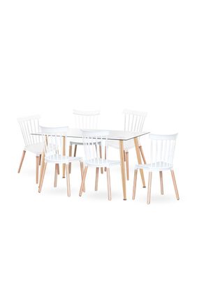 Comedor Mesa Rectangular vidrio 120x80 + 6 sillas Windsor blanca,hi-res