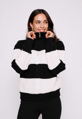 Sweater Mujer Negro Rayado Medio Cierre Family Shop,hi-res