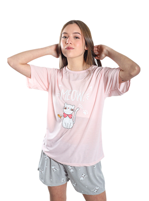 Pijama Mujer Polera Manga Corta y Short Diseño Gatito Meow,hi-res