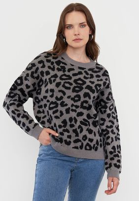 Sweater Mujer Print Animal Gris Corona,hi-res