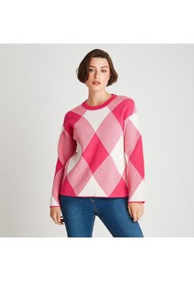 Sweater Cuello Redondo Con Diseño De Rombos Rosado,hi-res