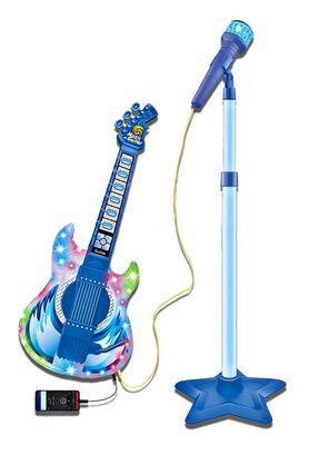 Set Guitarra Microfono Pedestal Juguete Mp3 Luces Azul,hi-res