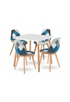 Comedor mesa cuadrada blanca 80cm + 4 sillas Patchwork wood Celeste,hi-res