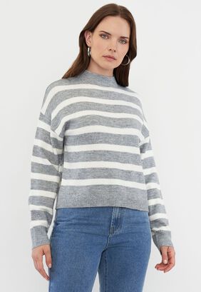 Sweater Mujer Rayas Crudo Lineas Gris Oscuro Corona,hi-res