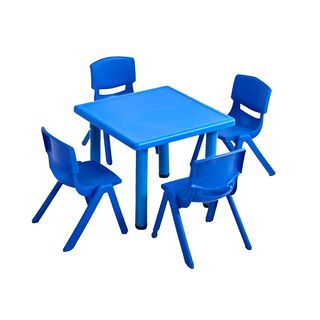Mesa Plastico Infantil 60x60x50 + 4 Sillas Azul,hi-res