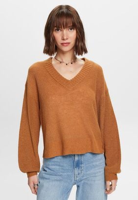Sweater cuello en v con hombros caídos Mujer Esprit Naranja,hi-res