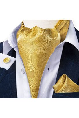 Set Corbata Gruesa Ascot + Paño + Collera formal hombre. Amarillo Rey,hi-res