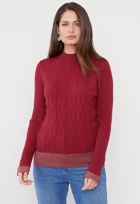 Sweater Mujer Cerrado Trenzado Burdeo I Corona,hi-res