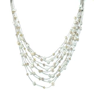 Collar Perlas De Río Blancas Cristales Hilos De Seda Plateados 48cm,hi-res