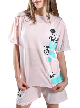 Pijama Mujer Polera Manga Corta y Short Diseño Ositos Pandas,hi-res