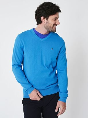 Sweater Básico V-Neck Signature Azul Tommy Hilfiger,hi-res