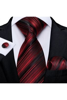 Corbata Hombre Seda + Paño + Colleras formal. Modelo Rojo Negro,hi-res