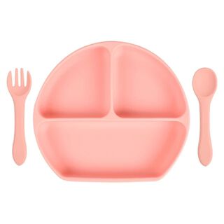 Plato de silicona con cuchara y tenedor rosa,hi-res
