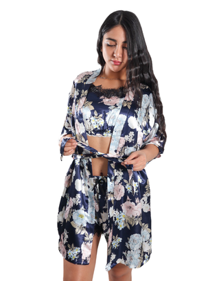 Pijama Crop Top con Short  Y Bata Satinada Diseño Floreado,hi-res
