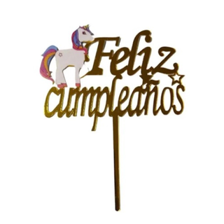Cake Topper Feliz Cumpleaños Decoración Para Torta Unicornio Dorado,hi-res