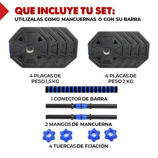 Mancuernas Ajustables 20 kg Total Set 2en1 Fitnics + Barra - Rojo