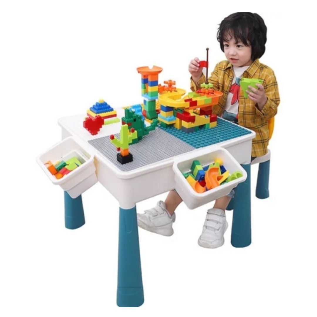 Juego de mesa de juego 2 en 1 para niños y 2 sillas con almacenamiento,  compatible con ladrillos Lego y Duplo, mesa de actividades con color blanco