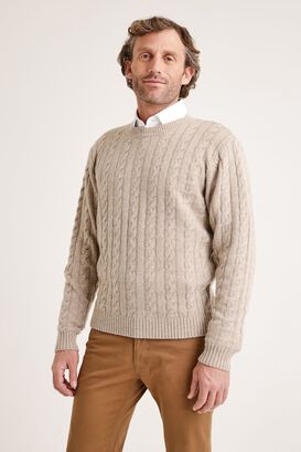 Sweater hombre cuello redondo trenzado beige,hi-res