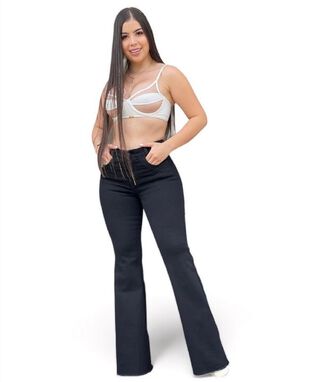 Jeans Flare Negro Mujer Tiro Alto Colombiano,hi-res