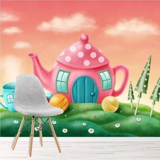 Fairytale House Pink Teapot Mural Wallpaper Ws-45198,hi-res