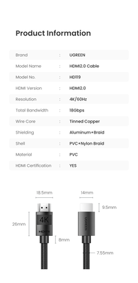 Cable HDMI 2.0 4K modelo HD119 1mt Ugreen,hi-res