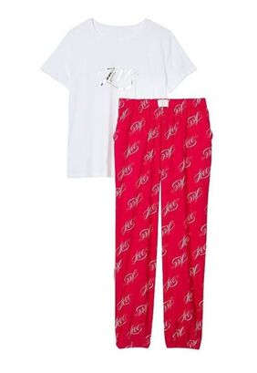 Pijama Largo Mujer Franela Rojo Blanco Talla M,hi-res