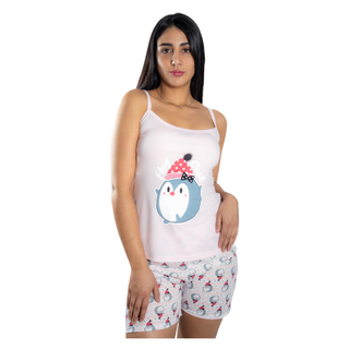Pijama Mujer Polera de Tirantes y Short Diseño Pinguino Cool,hi-res