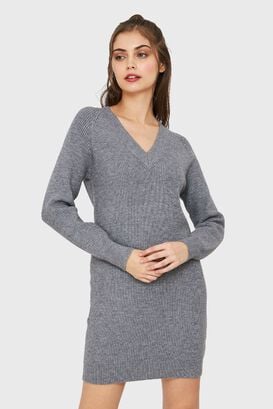 Sweater Vestido Cuello V Gris Oscuro Nicopoly,hi-res