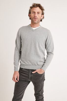 Sweater hombre cuello en v liso gris melange,hi-res