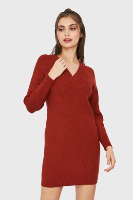 Sweater Vestido Cuello V Rojo Ladrillo Nicopoly,hi-res
