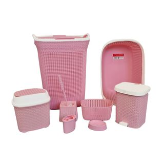 Set de baño 8 en 1 pvc cesta isopo papelera rosado,hi-res