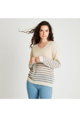 Sweater Cuello en V Con Lurex y Diseño de Rayas Crudo,hi-res
