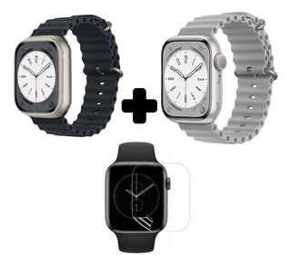 2 Correa Ocean Apple Watch Smartwatch Negro Y Blanco + Protector 45mm,hi-res