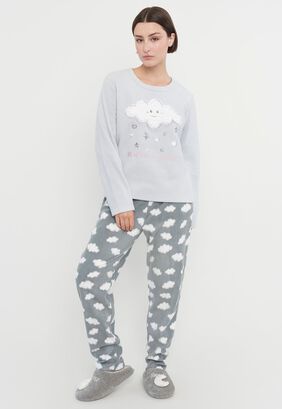 Pijama Mujer Polar Básico Gris Nubes Corona,hi-res
