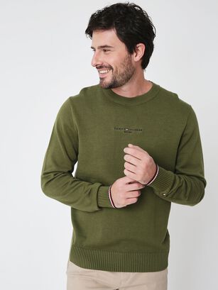 Sweater C-Neck Con Logo Bordado Verde Tommy Hilfiger,hi-res