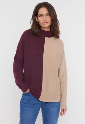 Sweater Mujer Bicolor Burdeo-Beige Corona,hi-res