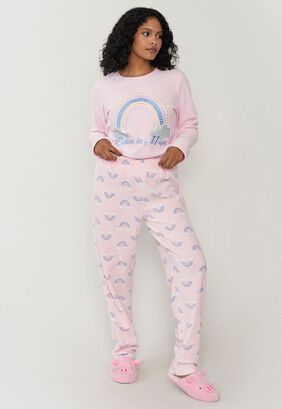 Pijama Mujer Polar Básico Rosado Arcoiris Corona,hi-res
