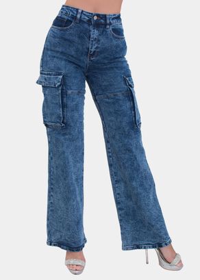 Jeans Wide Leg Cargo Prelavado Elasticado,hi-res