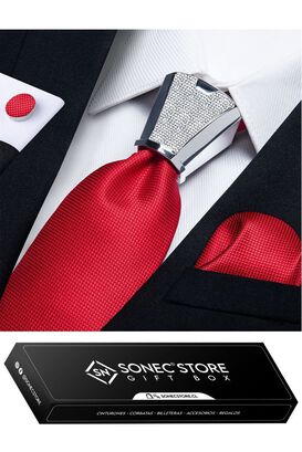 Corbata para regalo Hombre con nudo metalico paño y colleras en Caja. Rojo Classic,hi-res