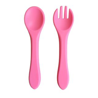 Cucharilla y tenedor de silicona para bebé rosado,hi-res