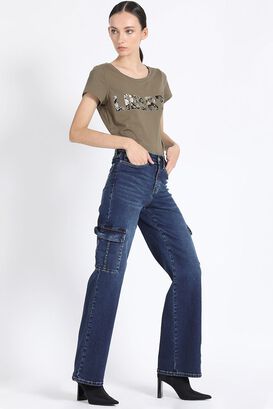 Jeans Straight Cargo, Tiro Medio, Azul Liola,hi-res