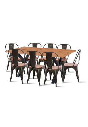 Mesa Color Madera y Metal Cross 180x90 + 8 sillas Tolix con asiento de madera - Negras,hi-res