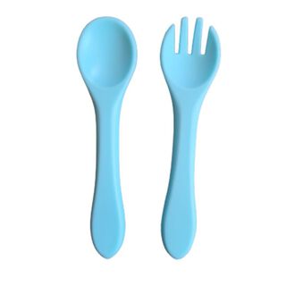 Cucharilla y tenedor de silicona para bebé azul,hi-res