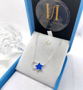 Collar Estrellas y Corazón Zafiro - Plata Ley 925 - Joyeria Hermosi,hi-res