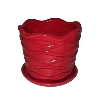 Macetero jarrón con base 13x13x12cm cerámica ondas rojo,hi-res